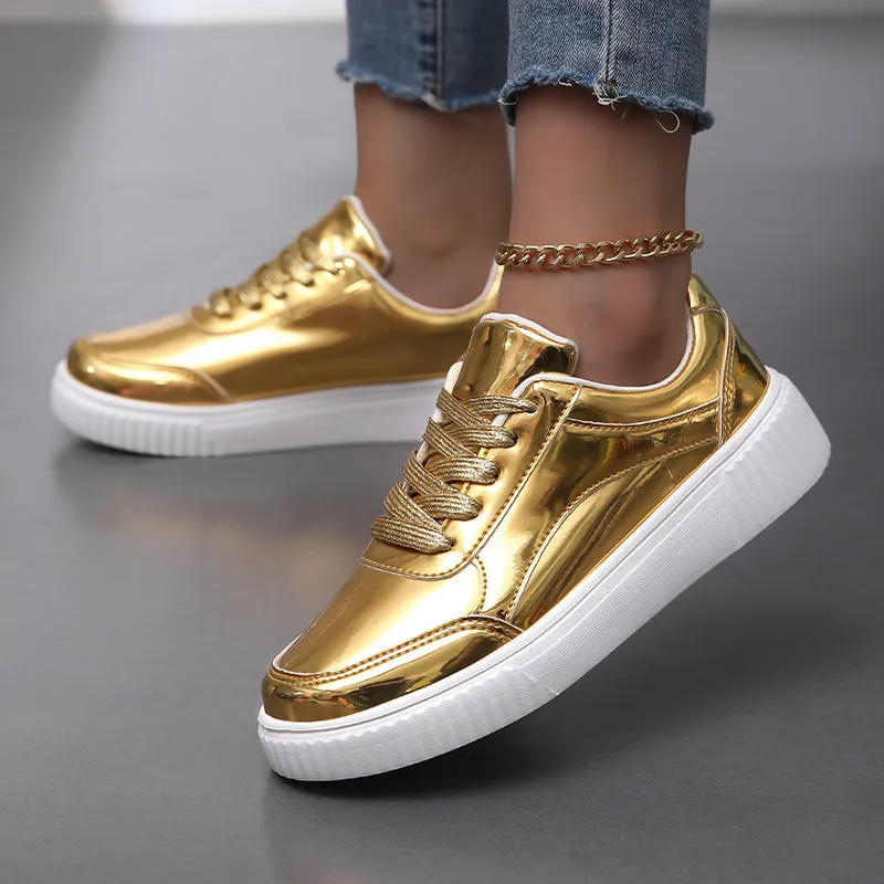 Rose gold sequinned platform sneakers with a thick MD sole and round toe on a white background.