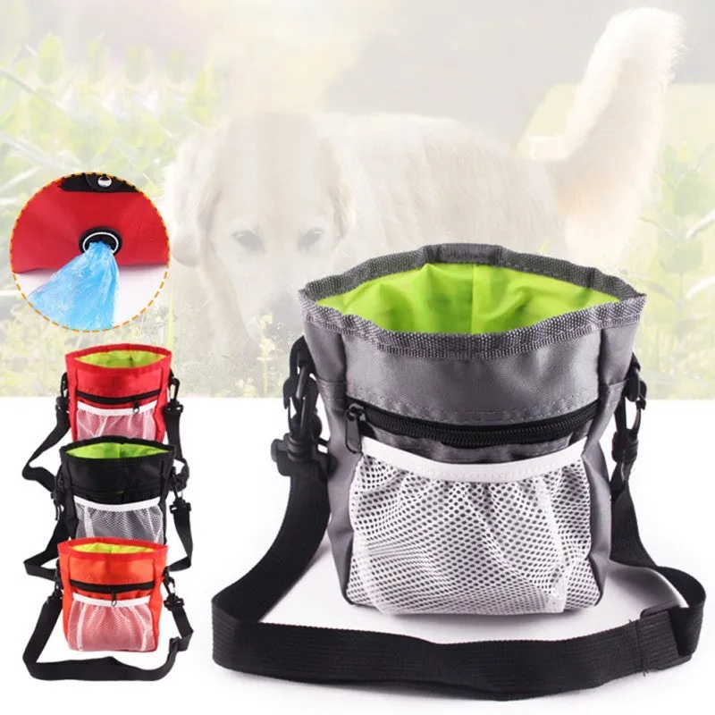 Drawstring dog treat pouch in Oxford cloth with belt buckle, 18x14x6cm, black colour