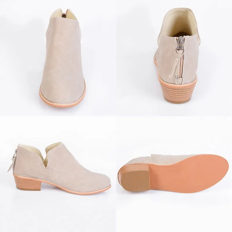 Women's butterfly-knot slip-on ankle boots in faux suede with square heel and pointed toe, available in Beige, Black, and Pink
