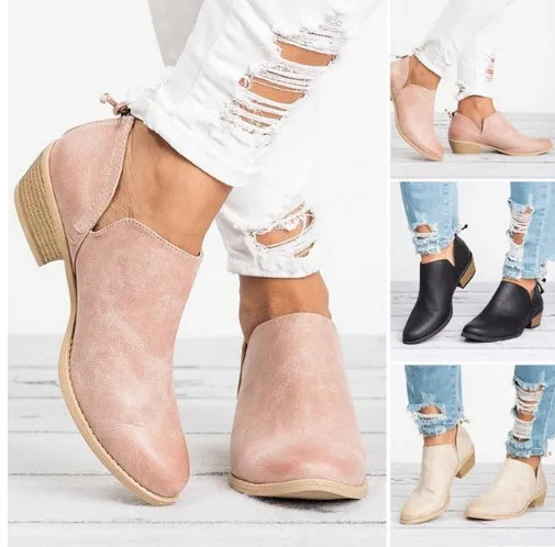 Women's butterfly-knot slip-on ankle boots in faux suede with square heel and pointed toe, available in Beige, Black, and Pink