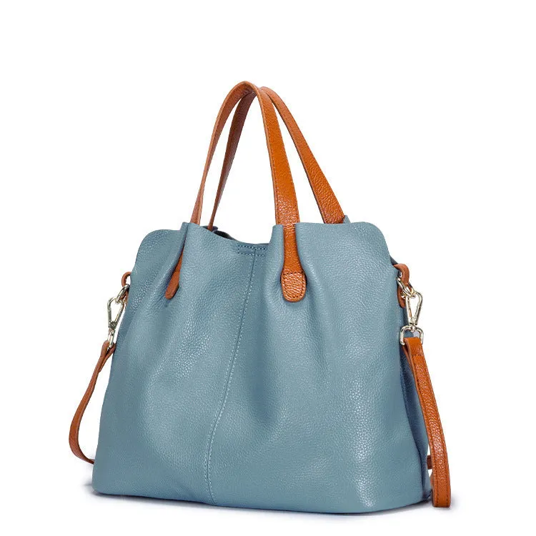 Women's soft cattle hide leather tote bag vertical square shape shoulder bag in flax blue colour