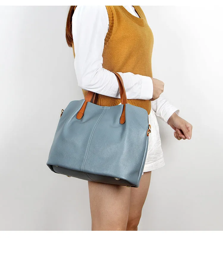 Women's soft cattle hide leather tote bag vertical square shape shoulder bag in flax blue colour