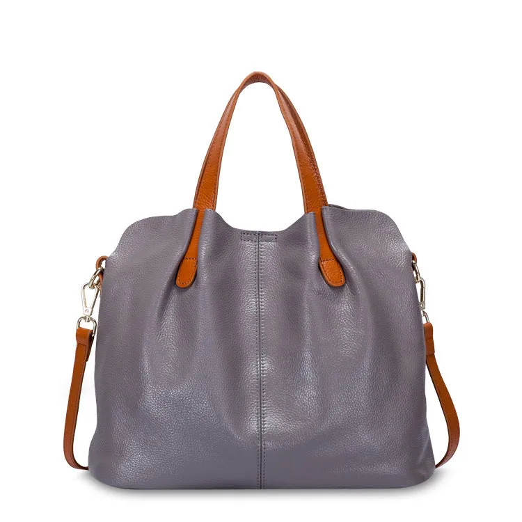 Women's soft cattle hide leather tote bag vertical square shape shoulder bag in flax blue colour