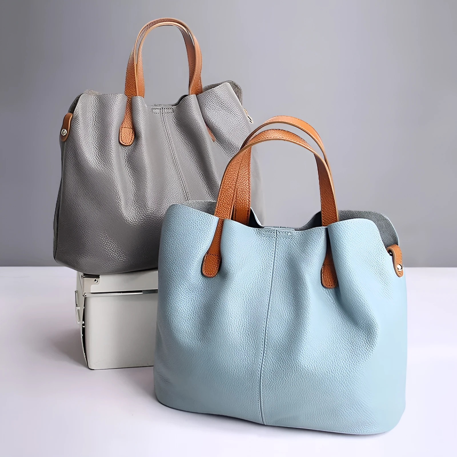 Women's soft cattle hide leather tote bag vertical square shape shoulder bag in flax blue colour