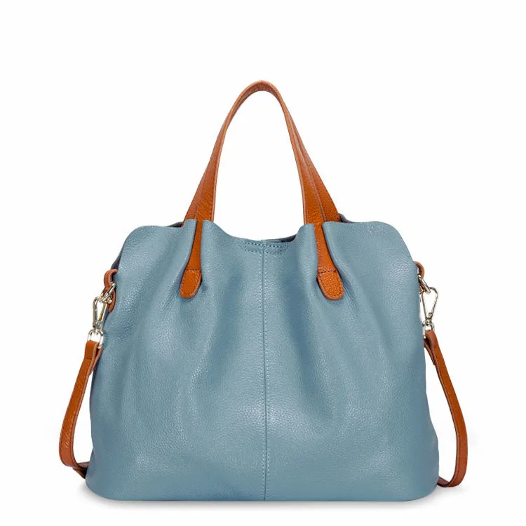 Women's soft cattle hide leather tote bag vertical square shape shoulder bag in flax blue colour