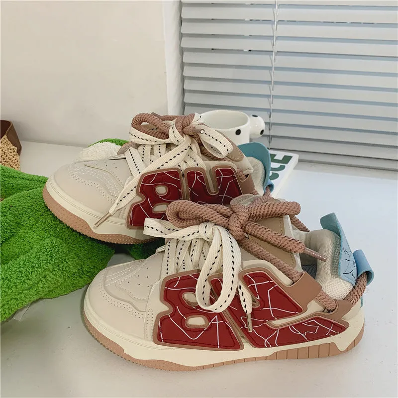 Women's casual sneakers in brown artificial pu with flat heel round toe and front lace-up