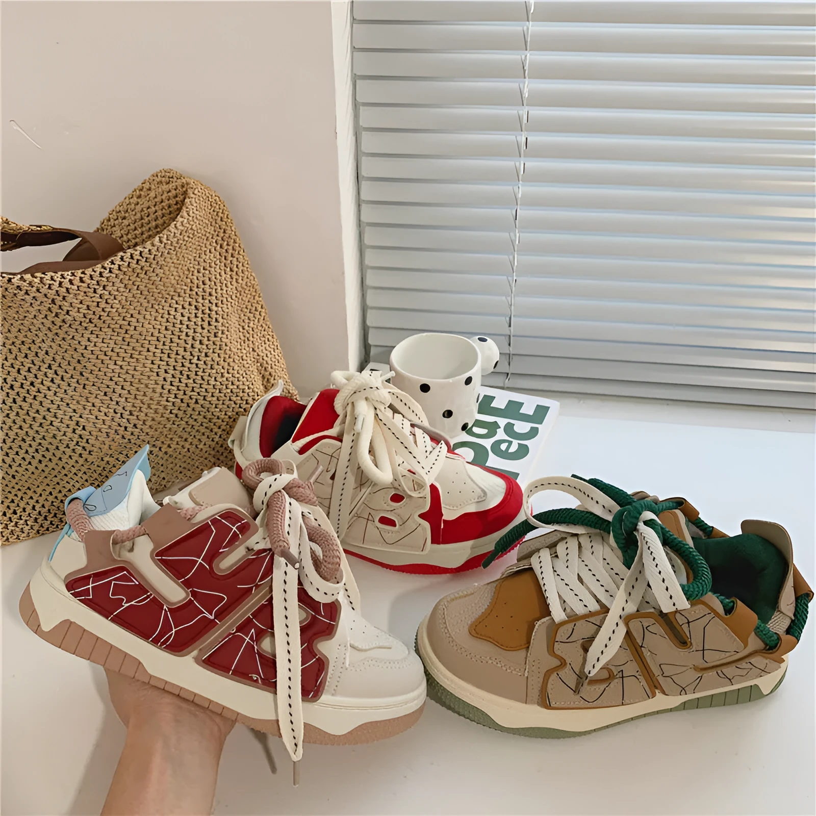 Women's casual sneakers in brown artificial pu with flat heel round toe and front lace-up