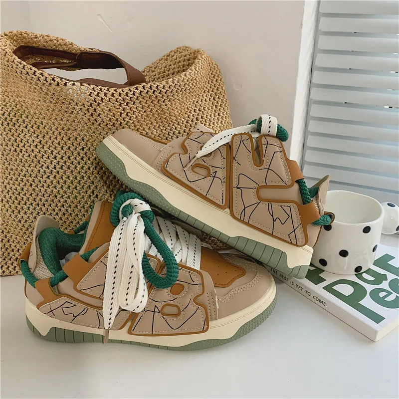 Women's casual sneakers in brown artificial pu with flat heel round toe and front lace-up