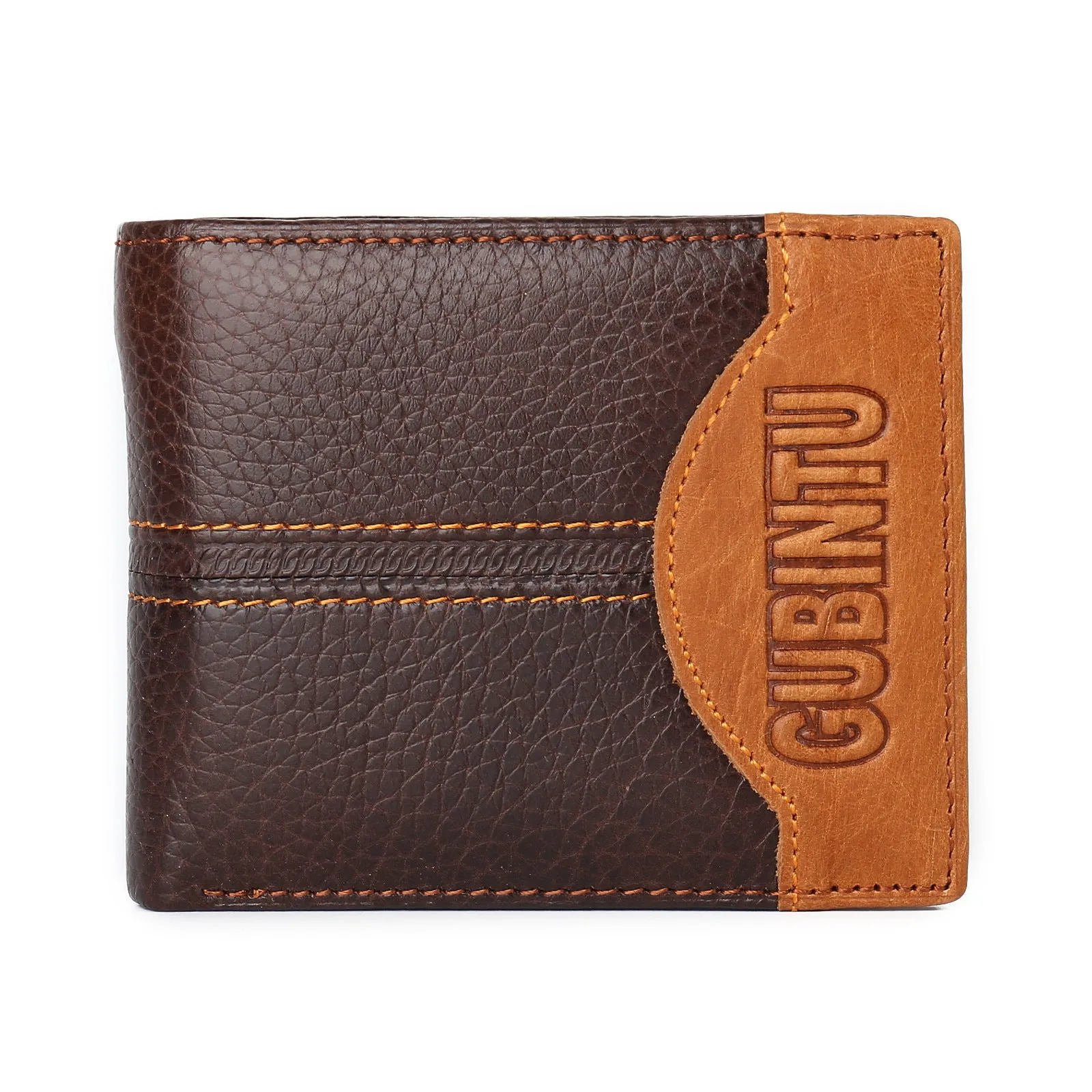 Genuine leather men's bifold patchwork wallet in cowhide with multiple card slots