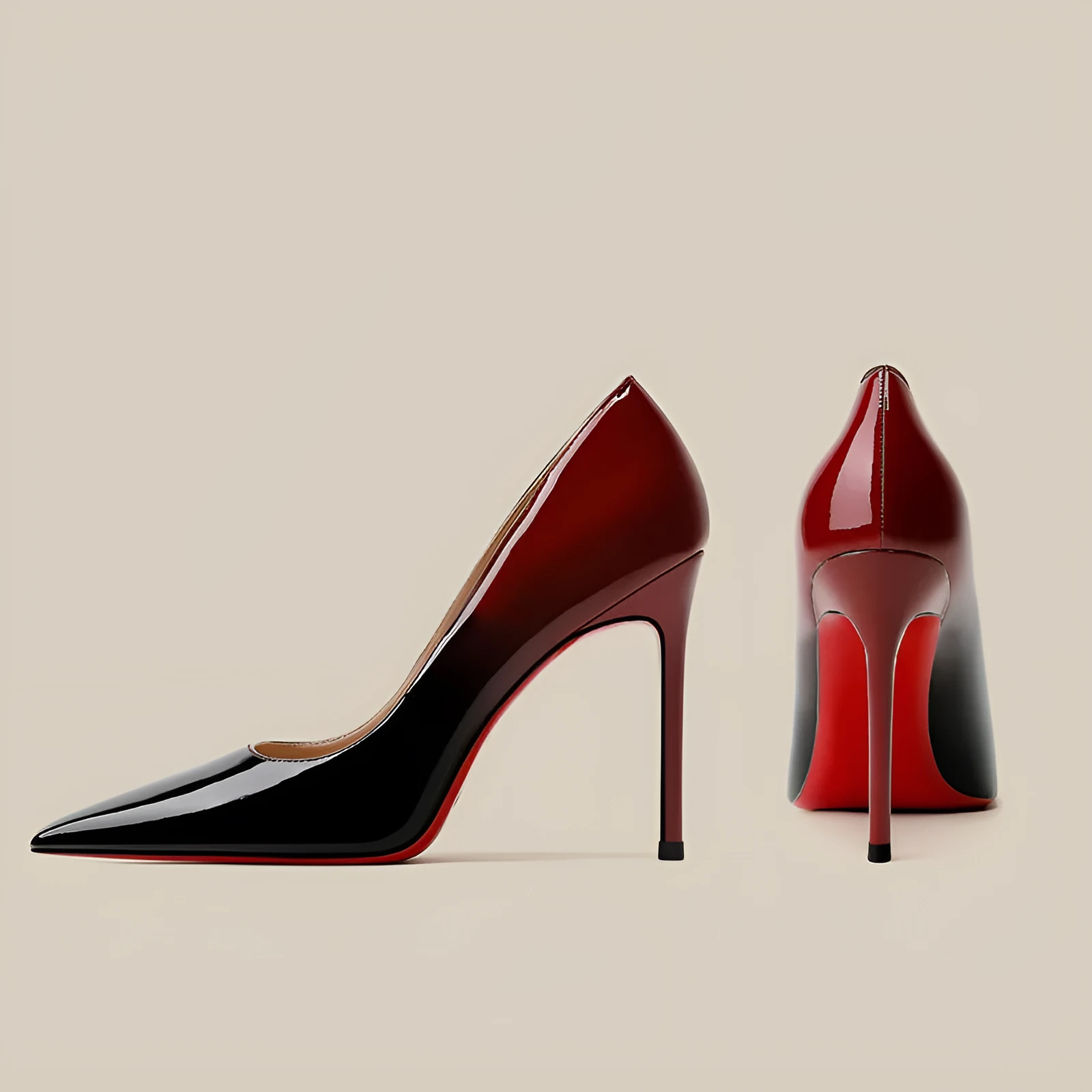 Patent leather black red gradient stiletto high heels pointed toe women's shoes