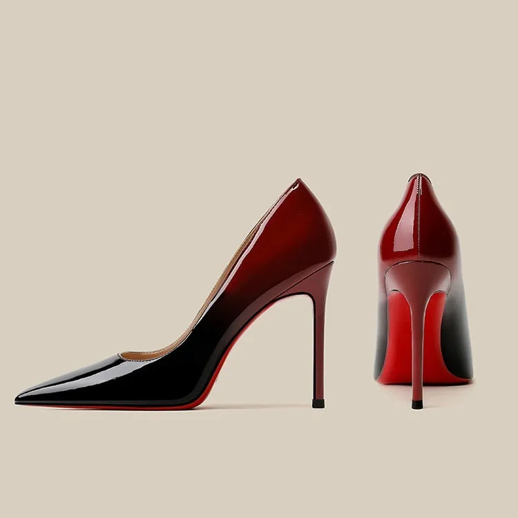 Patent leather black red gradient stiletto high heels pointed toe women's shoes