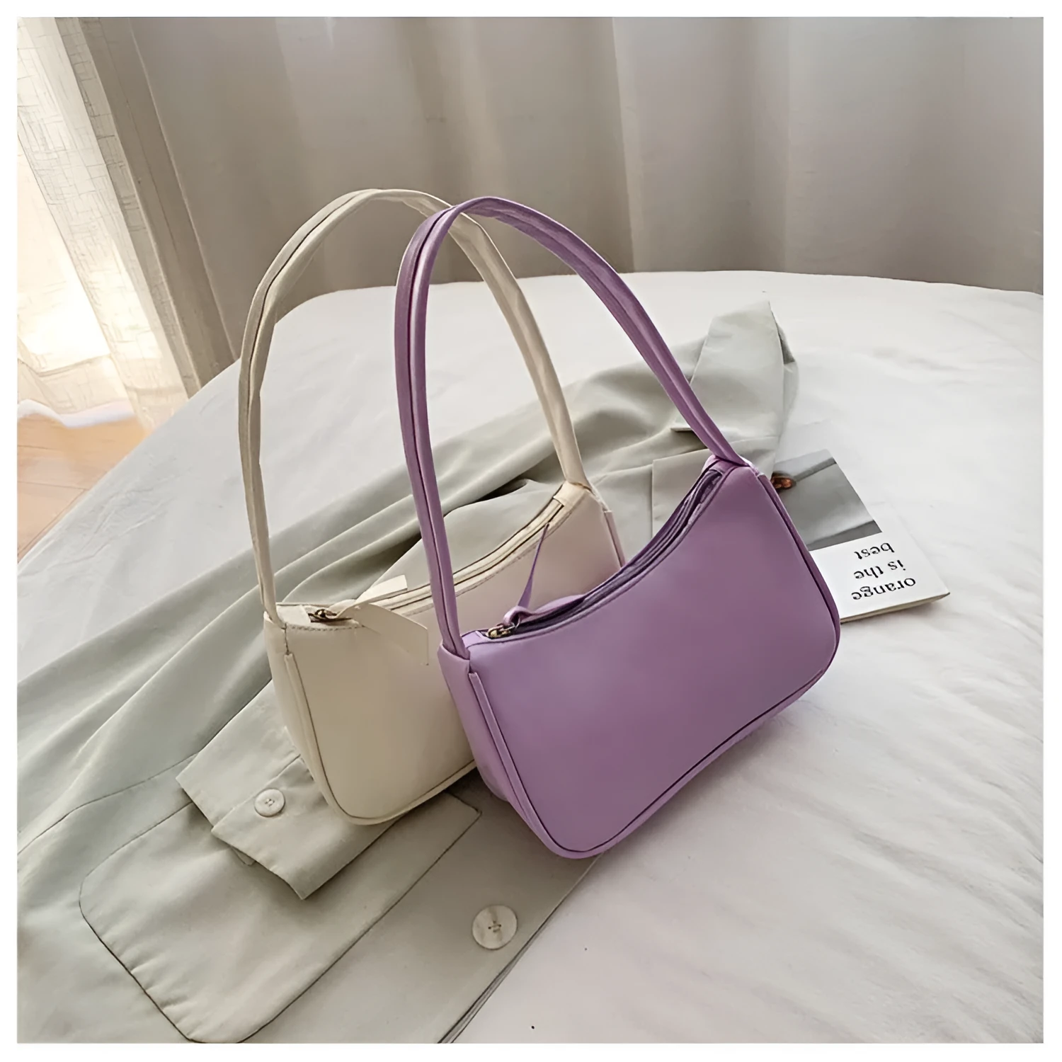 Net red underarm bag in solid colour PU, horizontal square shape, with single-shoulder carry