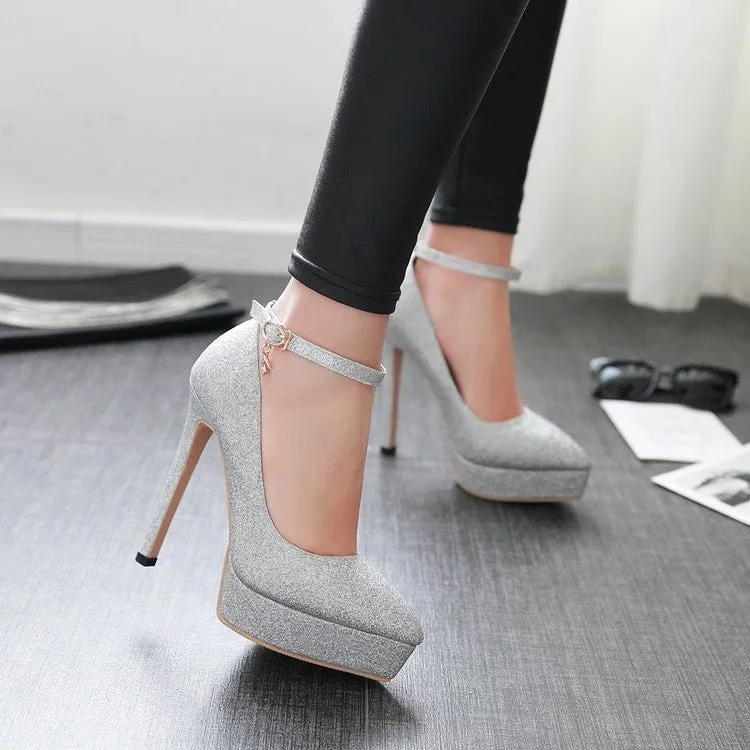 Women's stiletto platform Mary Jane shoes in black with 13cm heel and buckle ankle strap