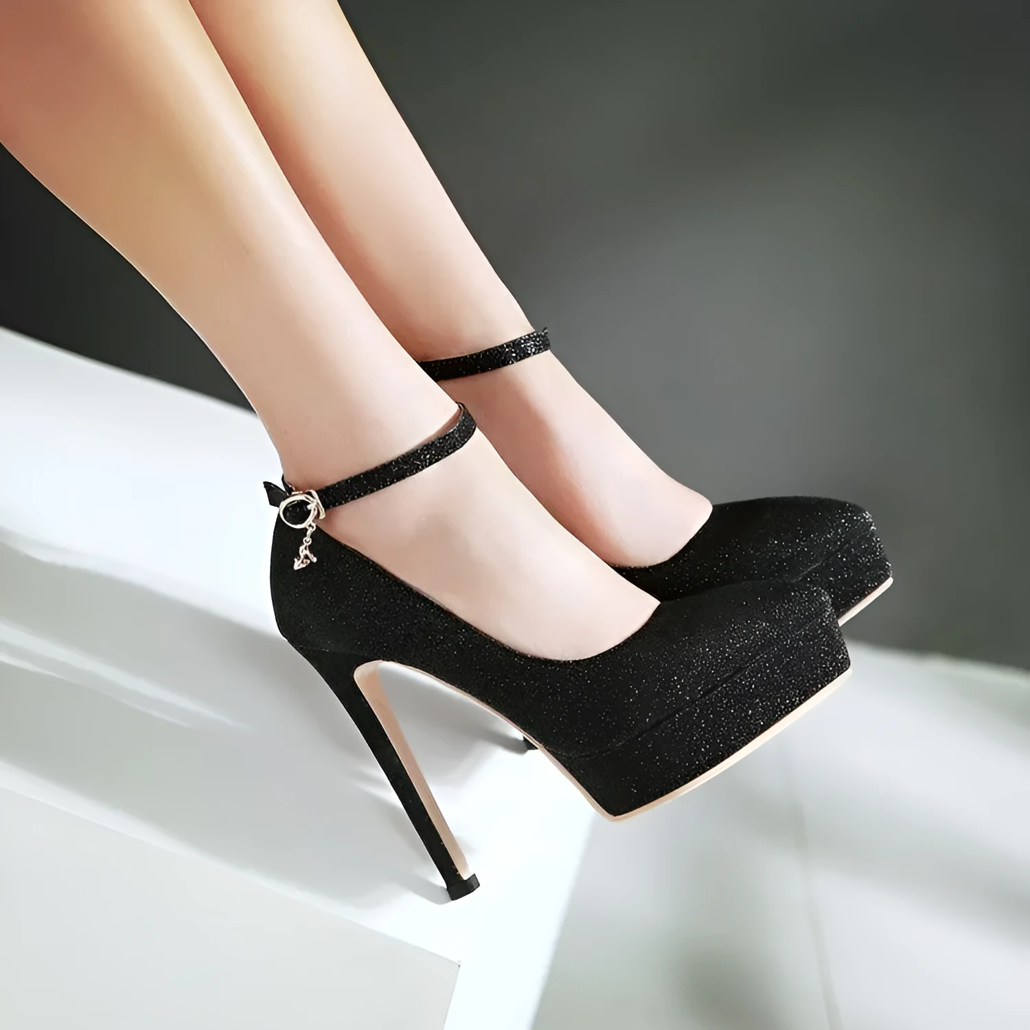 Women's stiletto platform Mary Jane shoes in black with 13cm heel and buckle ankle strap