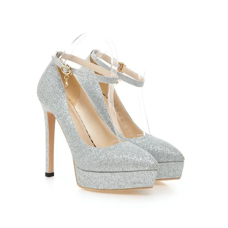 Women's stiletto platform Mary Jane shoes in black with 13cm heel and buckle ankle strap