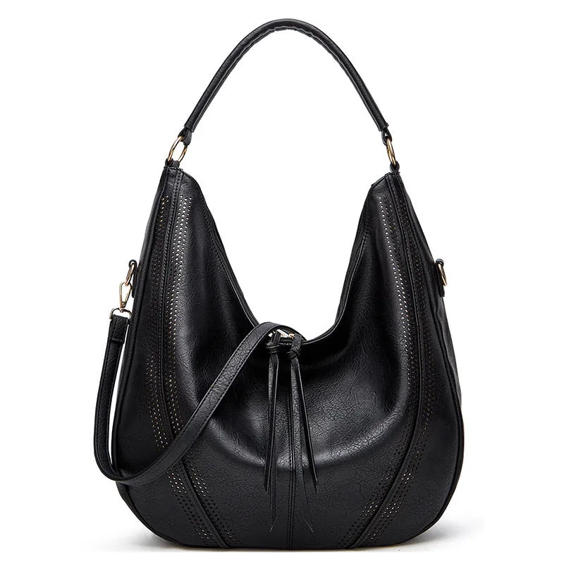 New trend retro large capacity PU tote shoulder bag with tassel hollow design, 40x43x13cm, zipper closure, in black colour