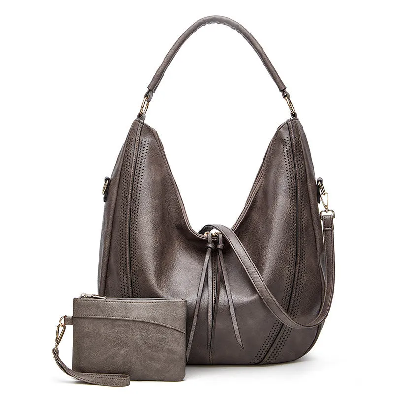 New trend retro large capacity PU tote shoulder bag with tassel hollow design, 40x43x13cm, zipper closure, in black colour