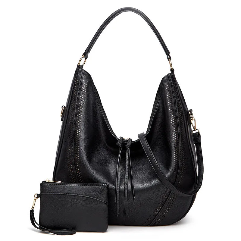 New trend retro large capacity PU tote shoulder bag with tassel hollow design, 40x43x13cm, zipper closure, in black colour