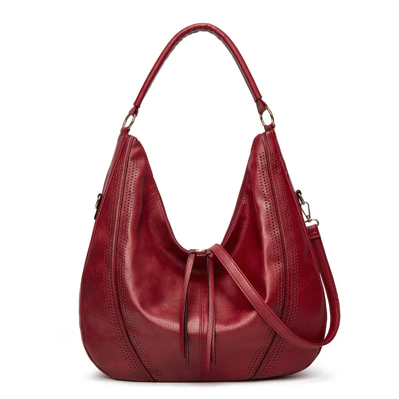 New trend retro large capacity PU tote shoulder bag with tassel hollow design, 40x43x13cm, zipper closure, in black colour