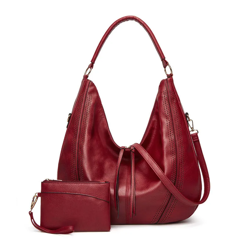 New trend retro large capacity PU tote shoulder bag with tassel hollow design, 40x43x13cm, zipper closure, in black colour