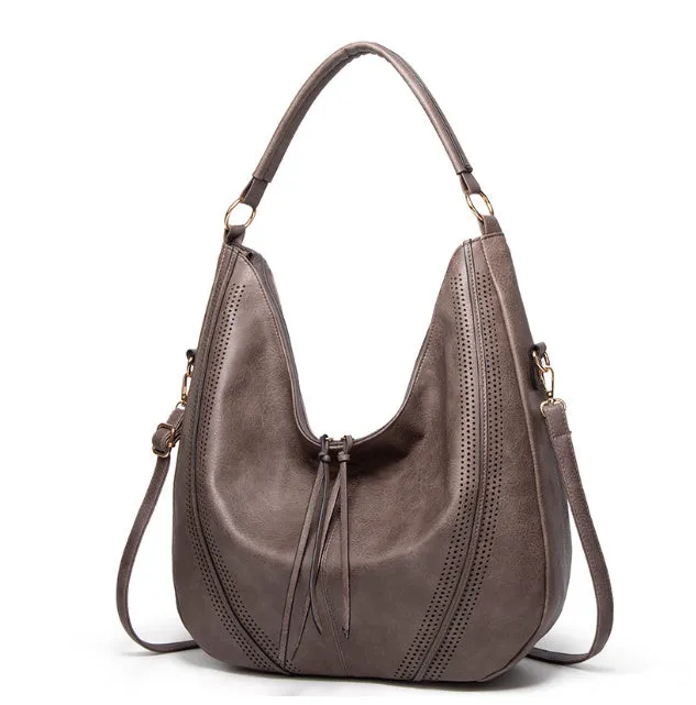 New trend retro large capacity PU tote shoulder bag with tassel hollow design, 40x43x13cm, zipper closure, in black colour