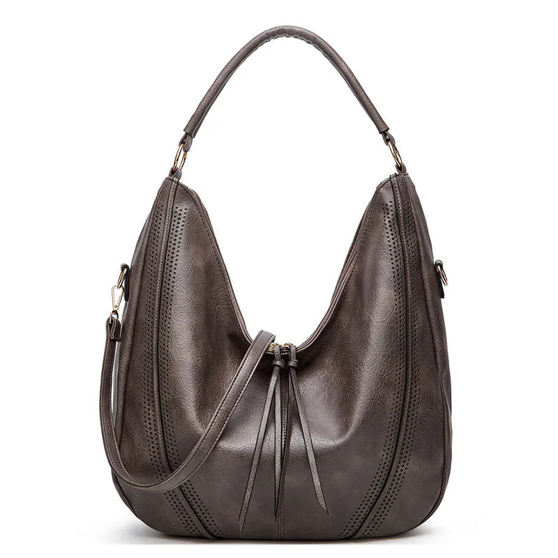 New trend retro large capacity PU tote shoulder bag with tassel hollow design, 40x43x13cm, zipper closure, in black colour