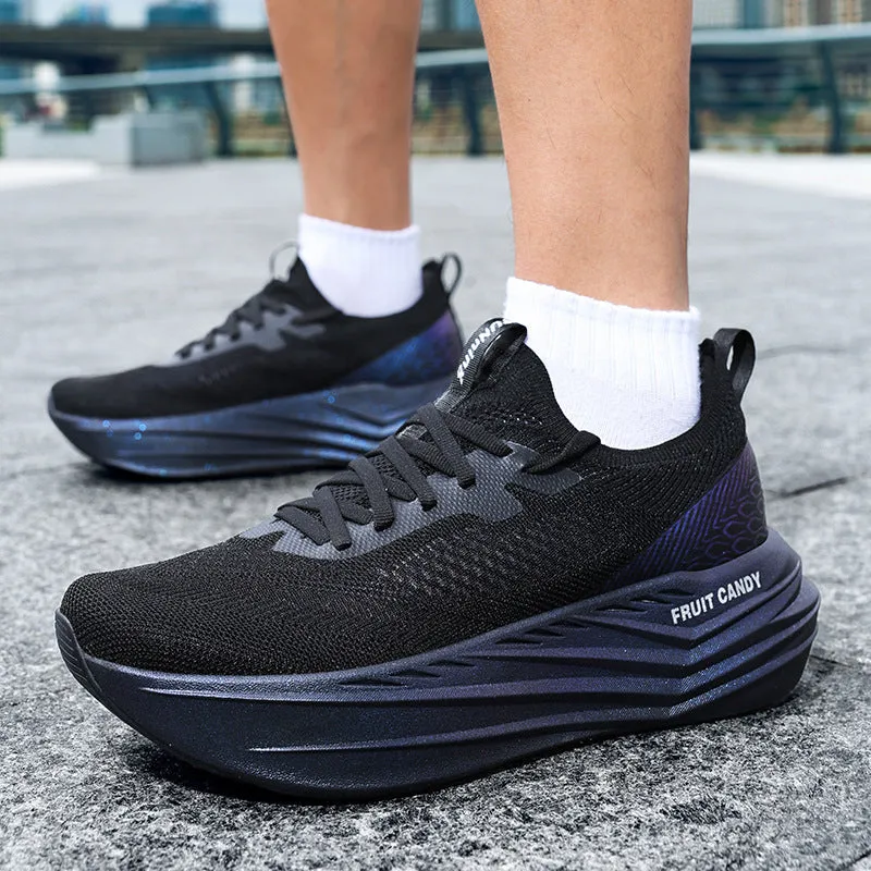 Summer road running shoes with breathable pu mesh upper in Shadow Black colour, low top flat heel design for men