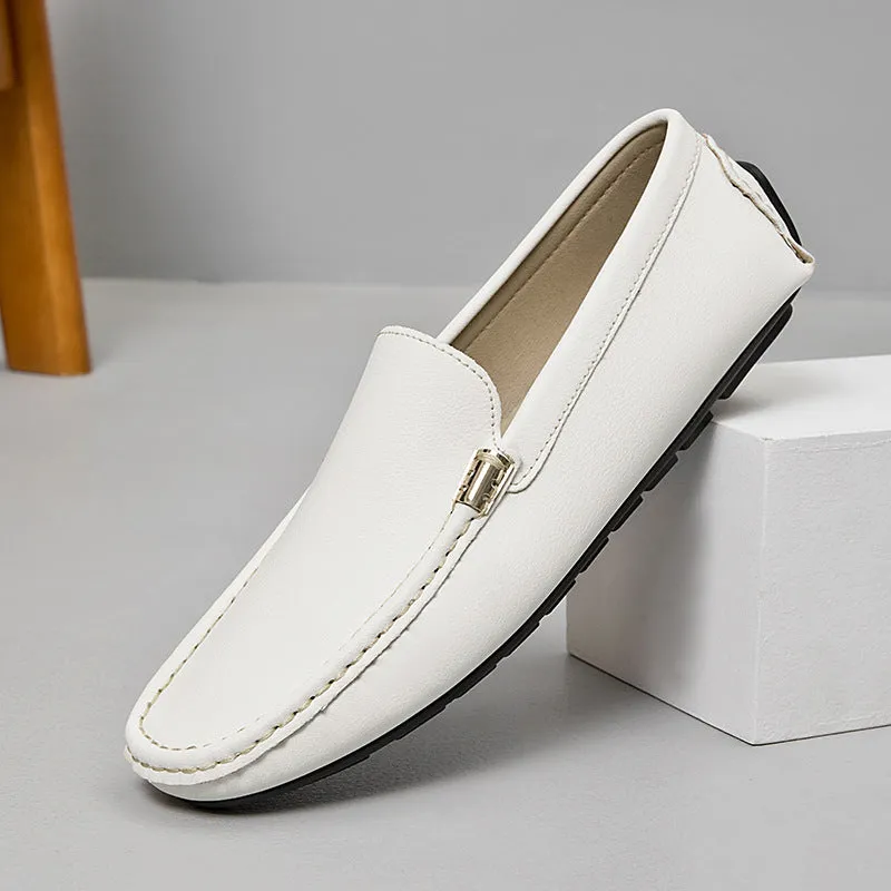 Men's driving shoes in black with matte leather finish, round toe, and flat wedge heel