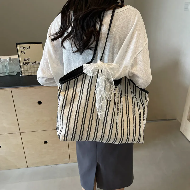 Striped cloth simple Korean style bucket shoulder messenger bag for women with peach skin lining and beige ribbon scarf