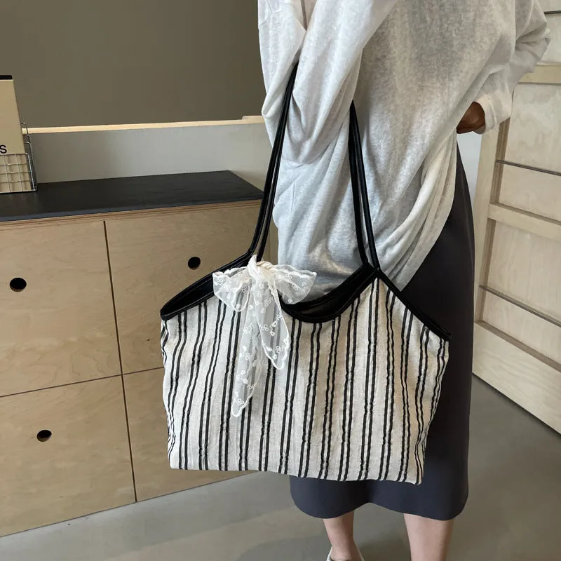 Striped cloth simple Korean style bucket shoulder messenger bag for women with peach skin lining and beige ribbon scarf