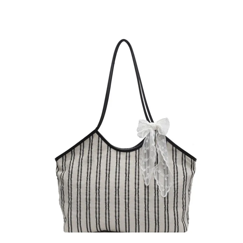 Striped cloth simple Korean style bucket shoulder messenger bag for women with peach skin lining and beige ribbon scarf