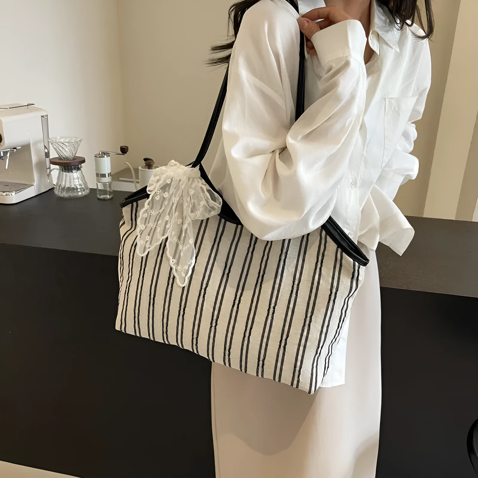 Striped cloth simple Korean style bucket shoulder messenger bag for women with peach skin lining and beige ribbon scarf