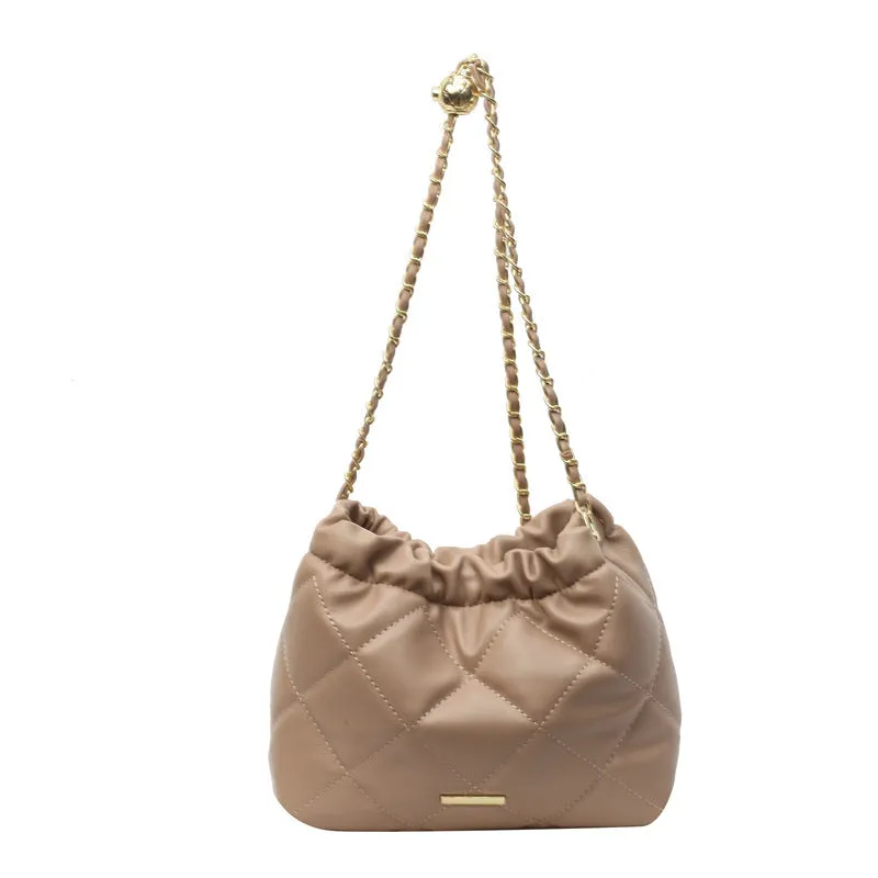 Women's casual rhombus shoulder bag chain messenger bag in PU, bucket shape, Beige colour, single strap