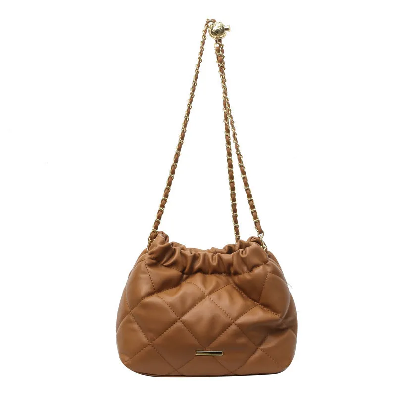 Women's casual rhombus shoulder bag chain messenger bag in PU, bucket shape, Beige colour, single strap