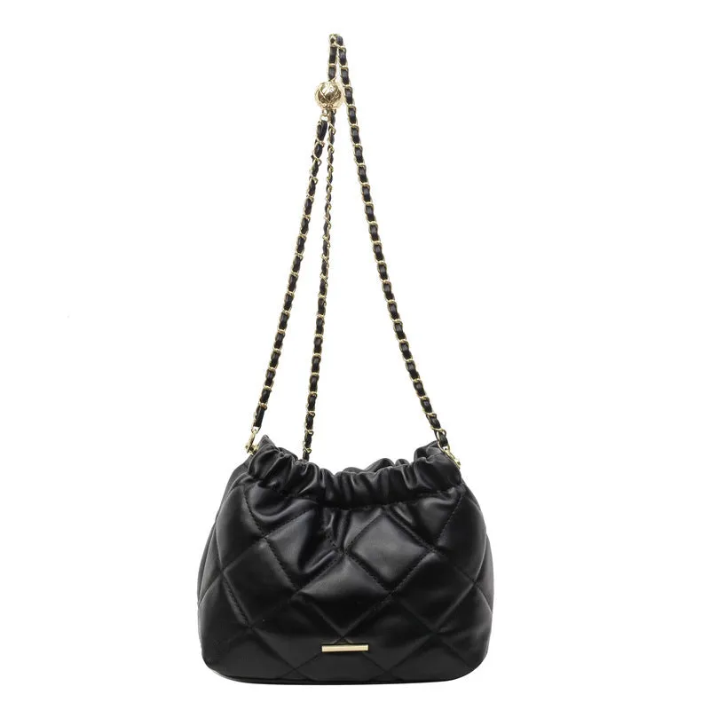 Women's casual rhombus shoulder bag chain messenger bag in PU, bucket shape, Beige colour, single strap