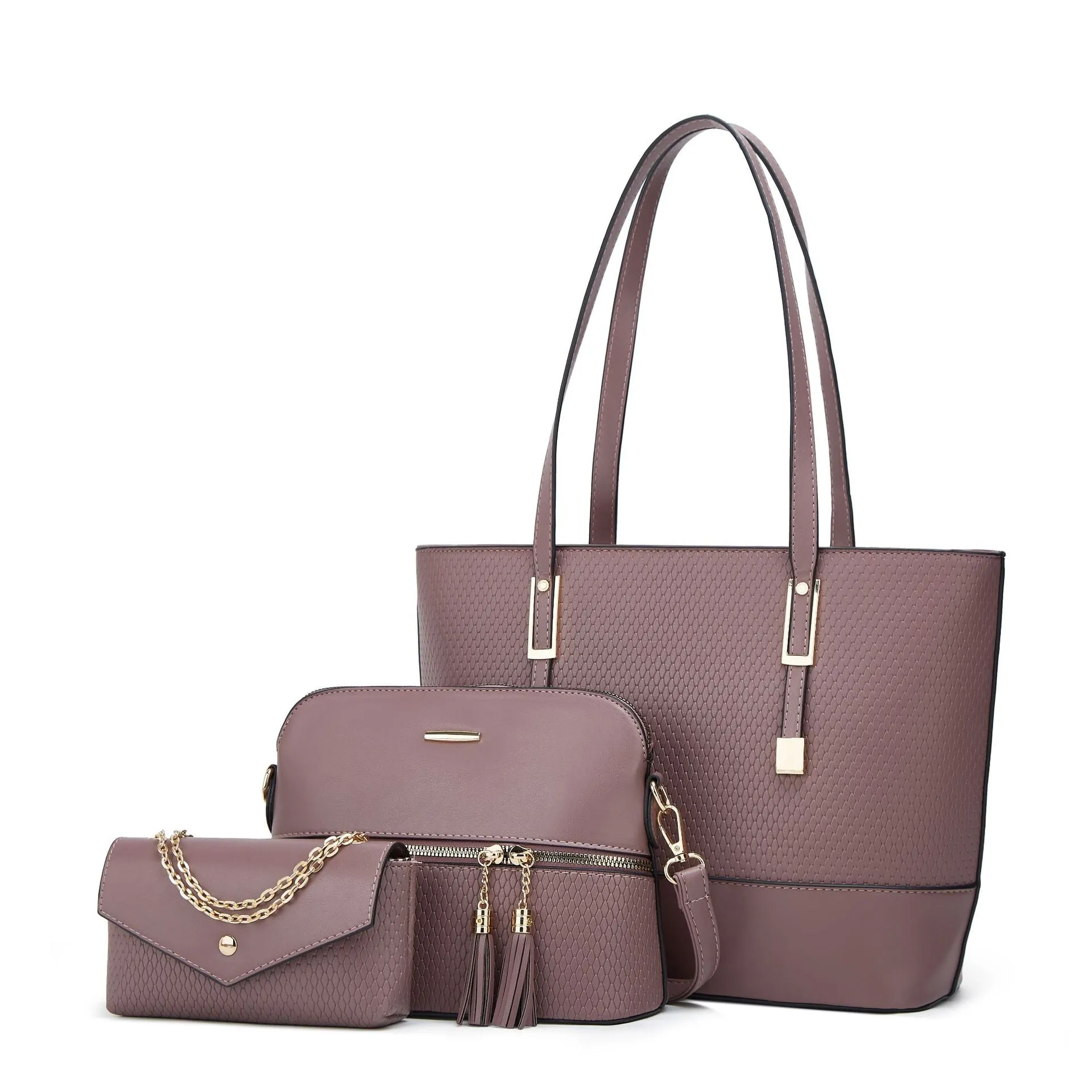 Three women's shoulder bags in black, brown, and light gray colours with folding design and PU material