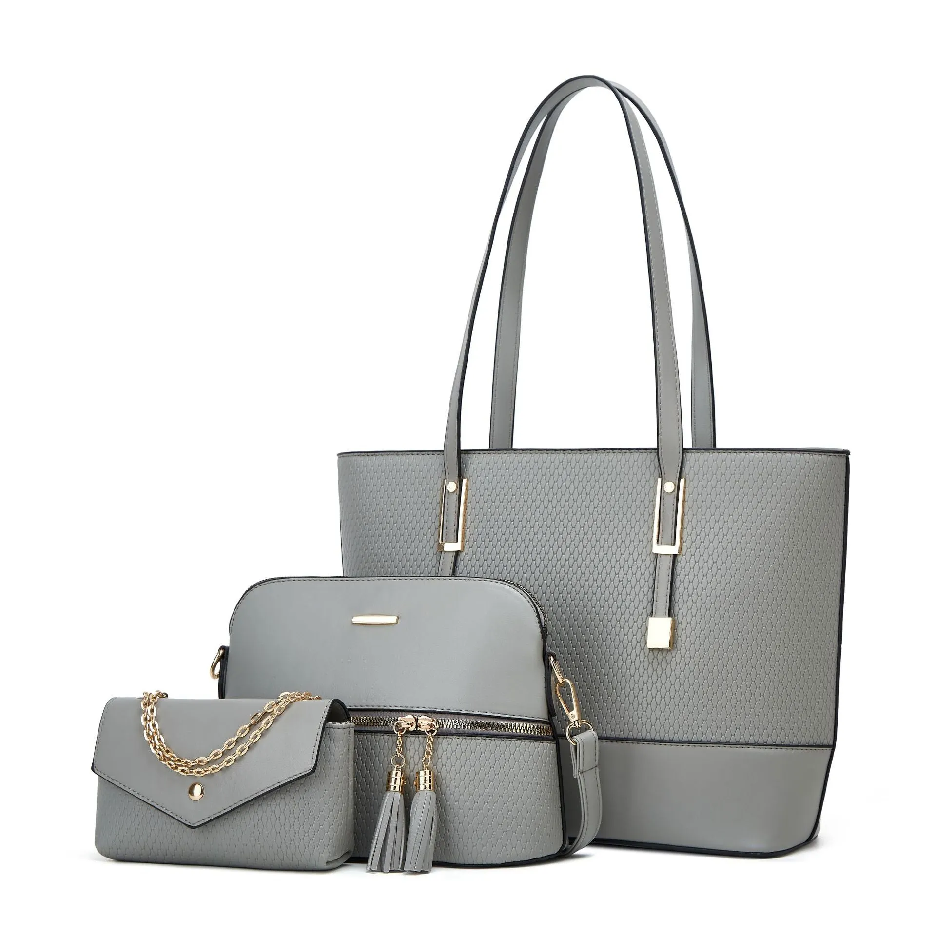 Three women's shoulder bags in black, brown, and light gray colours with folding design and PU material
