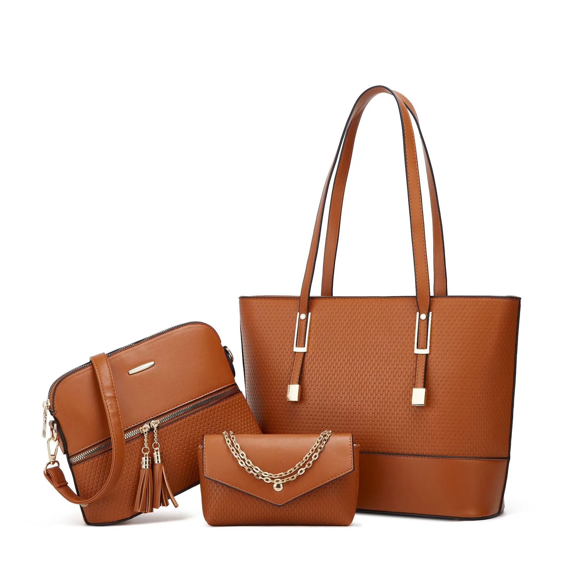 Three women's shoulder bags in black, brown, and light gray colours with folding design and PU material