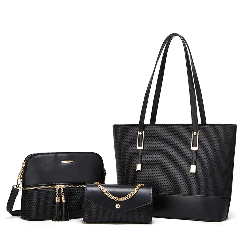 Three women's shoulder bags in black, brown, and light gray colours with folding design and PU material