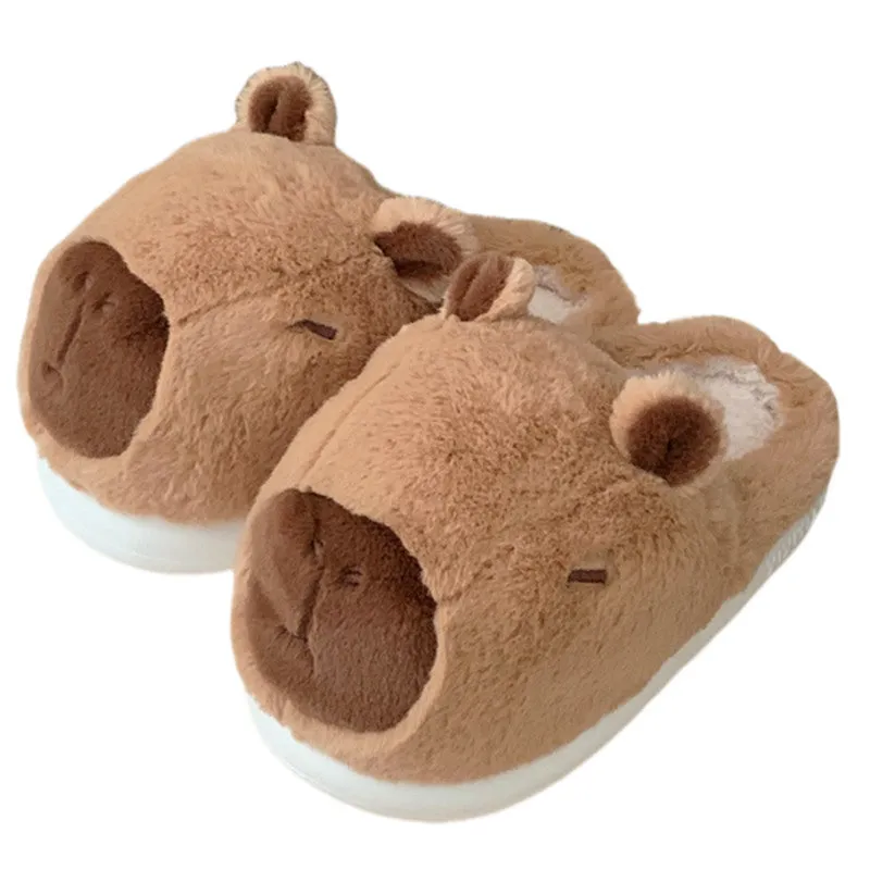Cute cartoon Capabala cotton slippers with suede upper and EVA sole in brown and pink for indoor use
