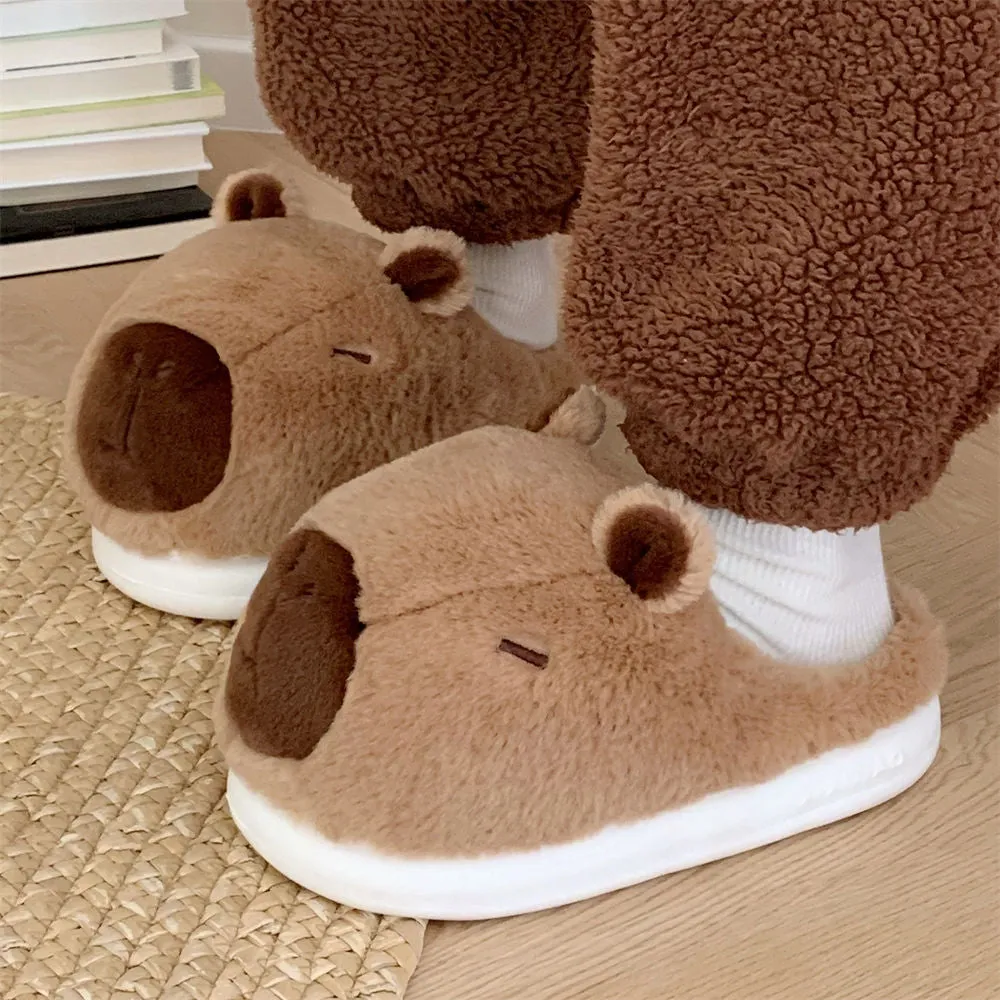 Cute cartoon Capabala cotton slippers with suede upper and EVA sole in brown and pink for indoor use