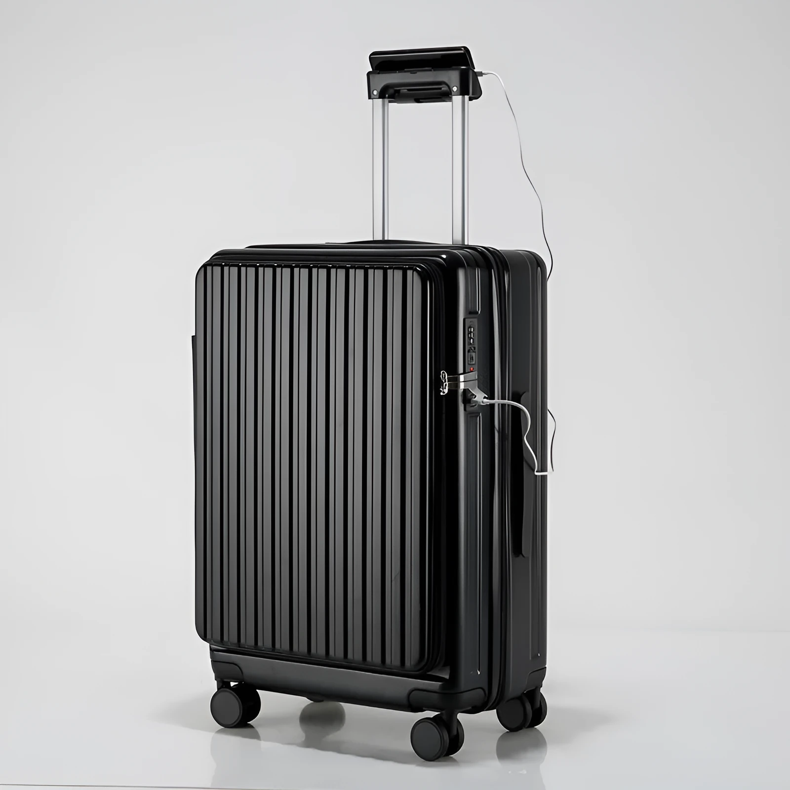New ABS PC front-opening 20-inch business suitcase in dark night black with universal wheels