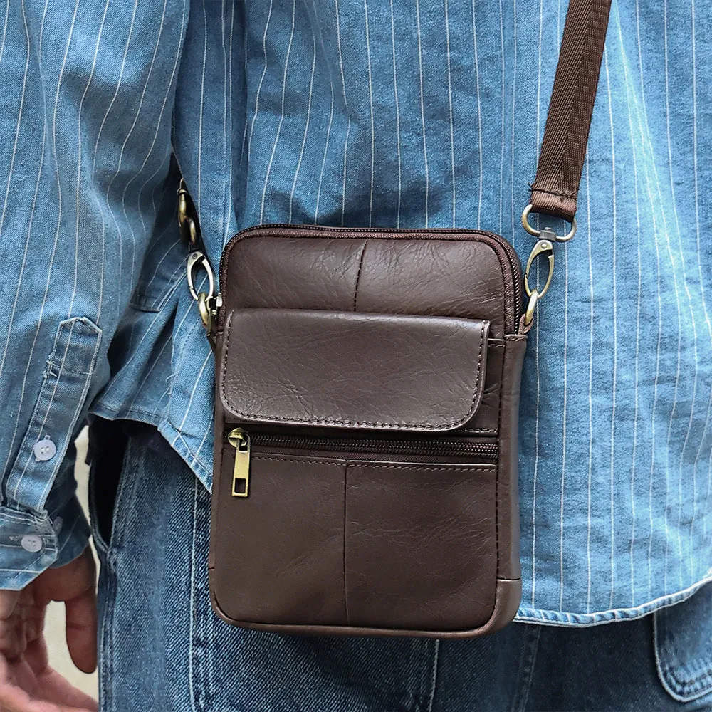 Men's brown genuine leather crossbody shoulder bag with a solid colour design.