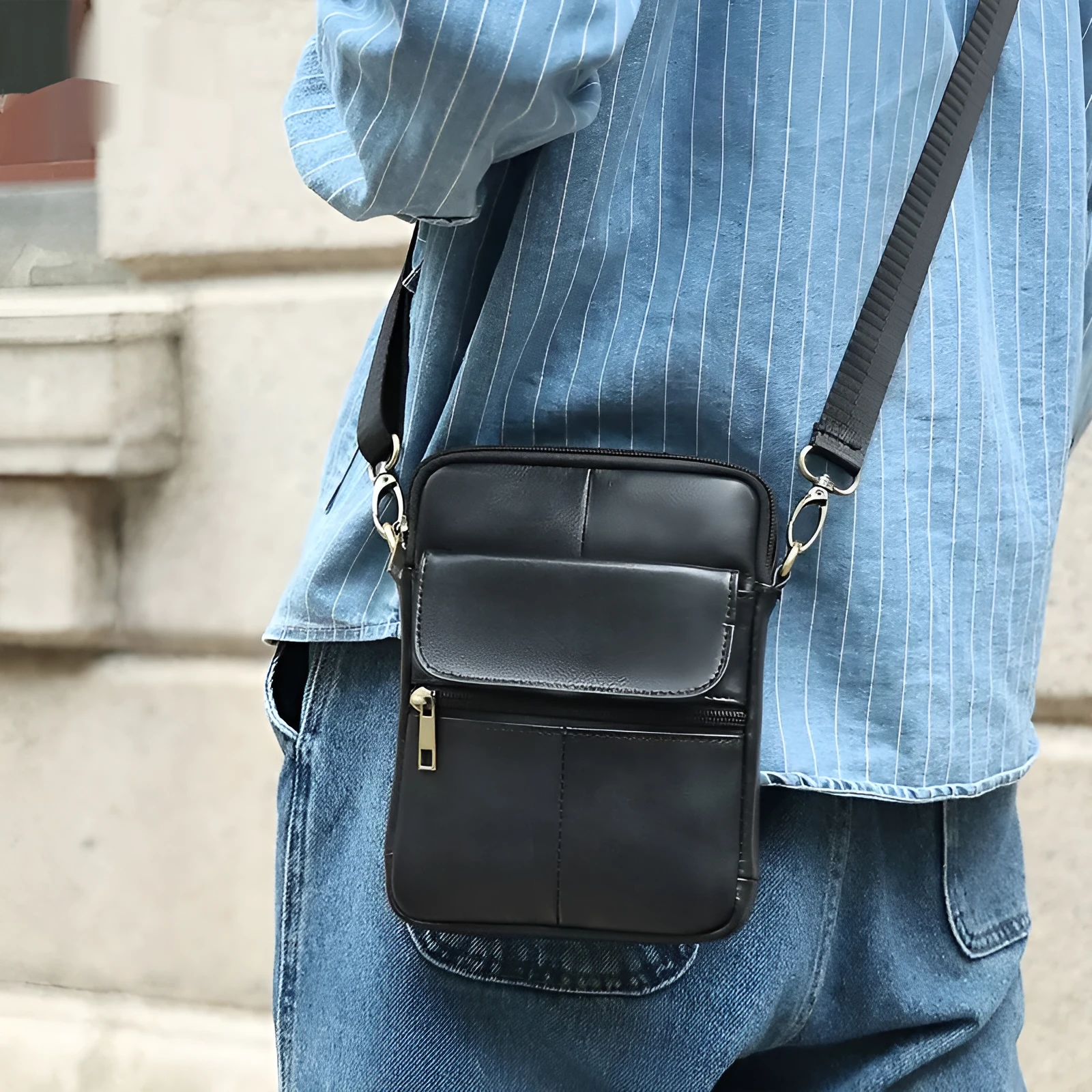 Men's brown genuine leather crossbody shoulder bag with a solid colour design.