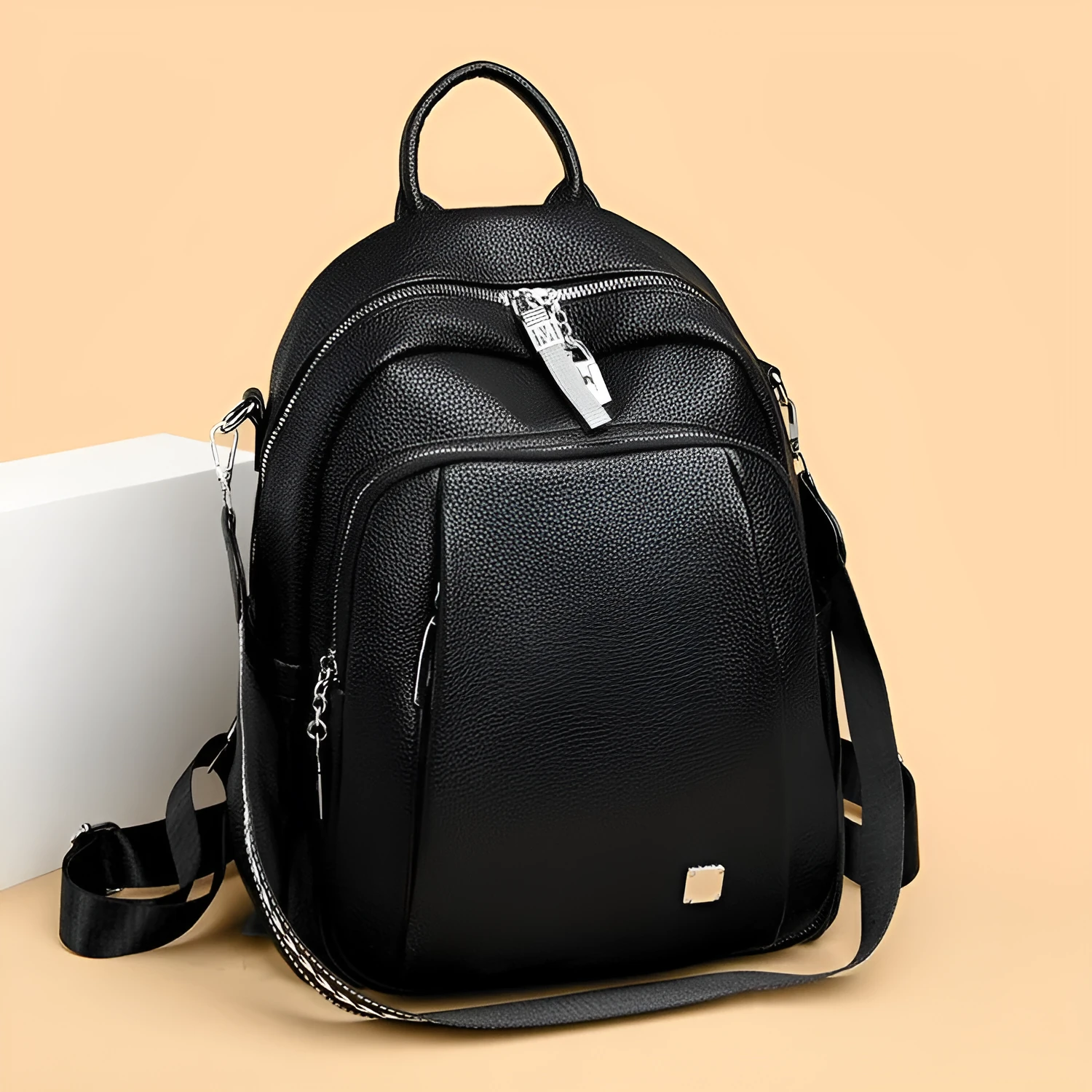 Women's soft leather PU waterproof single backpack in beige, 35x28x13cm, neutral style for men and women