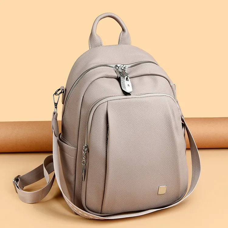 Women's soft leather PU waterproof single backpack in beige, 35x28x13cm, neutral style for men and women