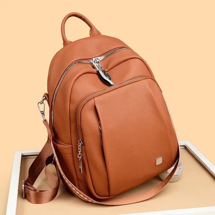 Women's soft leather PU waterproof single backpack in beige, 35x28x13cm, neutral style for men and women