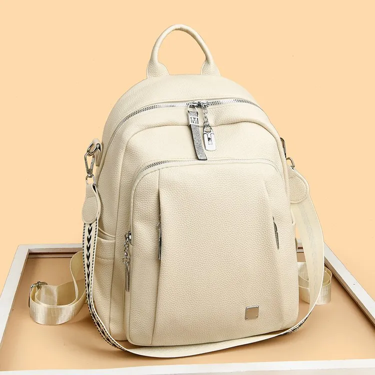 Women's soft leather PU waterproof single backpack in beige, 35x28x13cm, neutral style for men and women