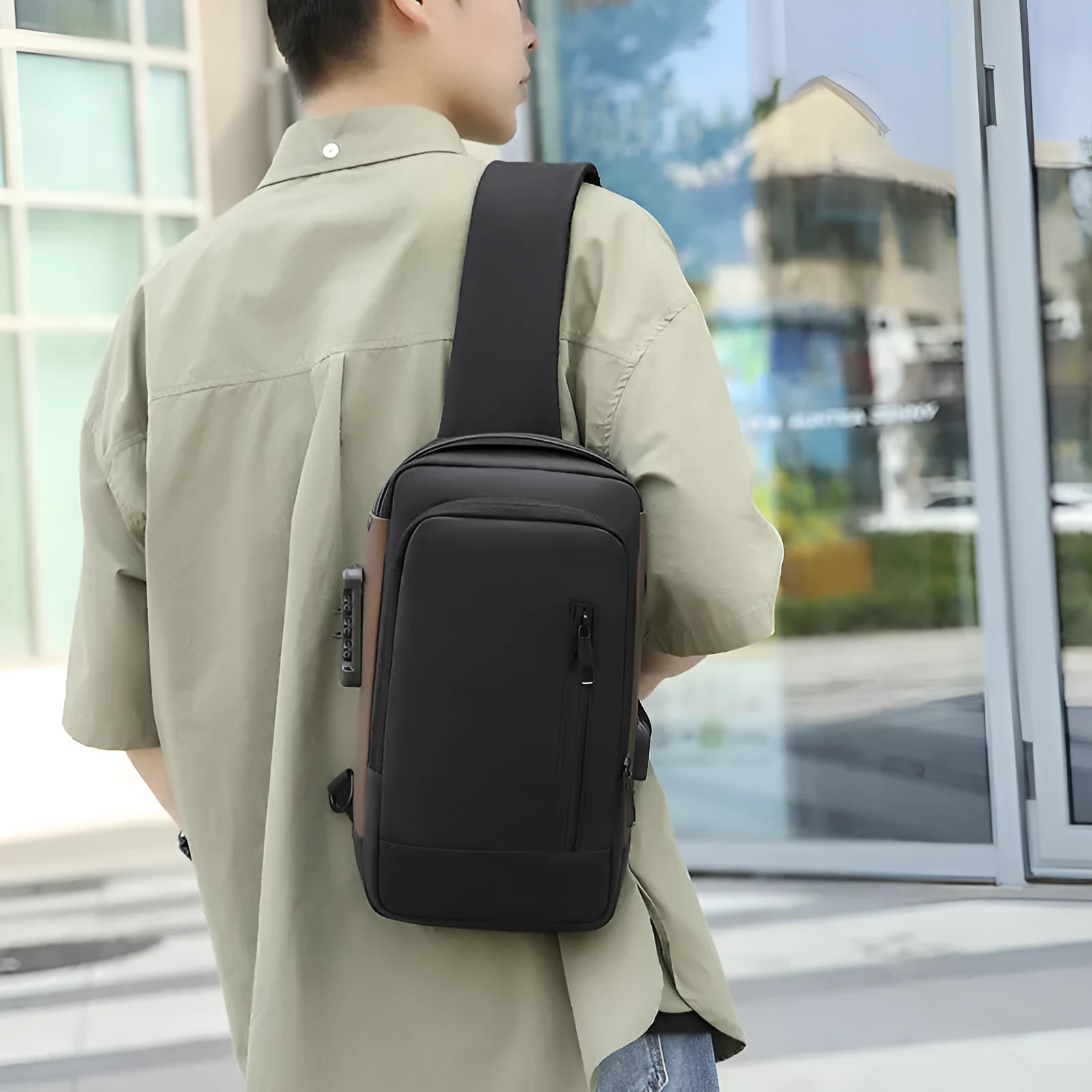 Anti-theft nylon motorcycle chest bag for men with lock solid colour black 25 inches