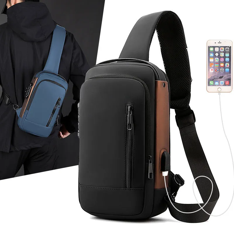 Anti-theft nylon motorcycle chest bag for men with lock solid colour black 25 inches